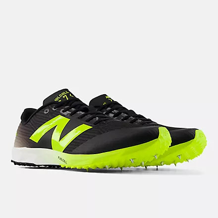 New Balance FuelCell X-7 v5. Black upper. Green/White midsole. Lateral view.
