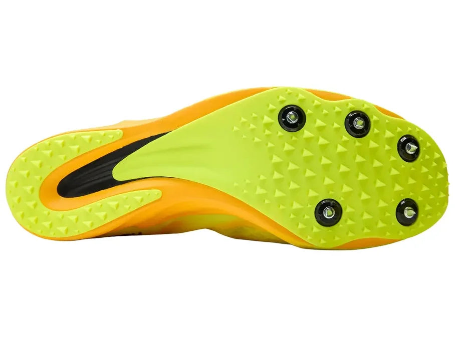New Balance FuelCell XC-X. Yellow upper. Orange midsole. Bottom view.
