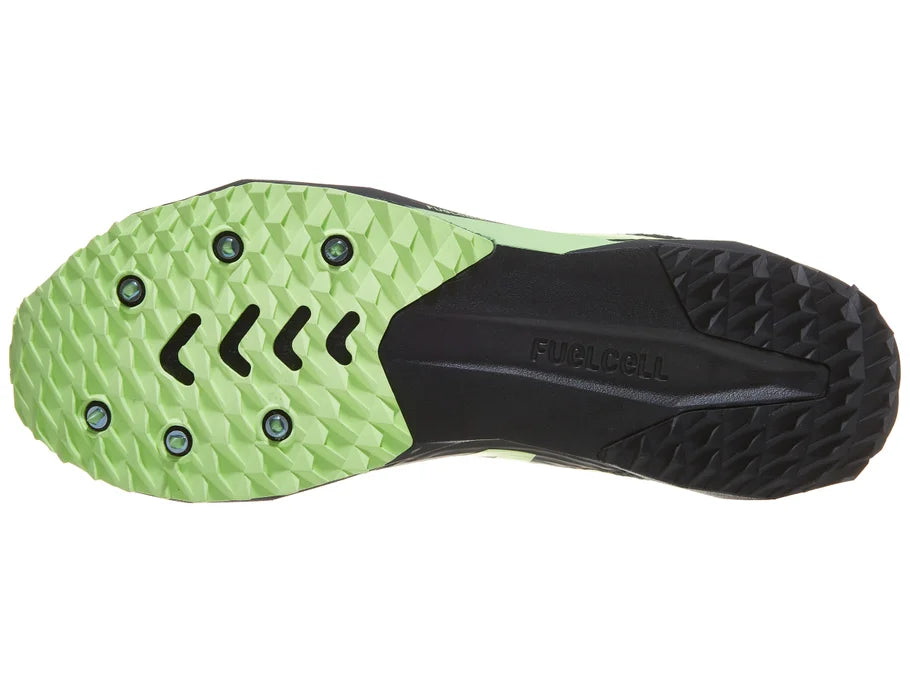 Unisex New Balance FuelCell XC7 v5. Black upper. Black midsole. Bottom view.