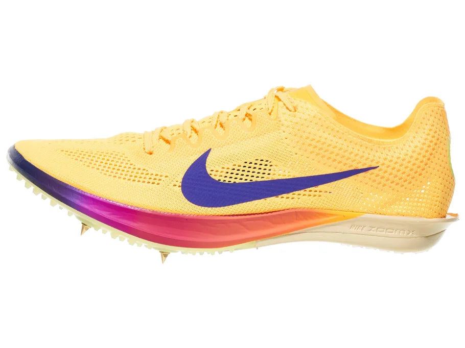 Nike ZoomX Dragonfly 2. Yellow upper. Pink midsole. Lateral view.