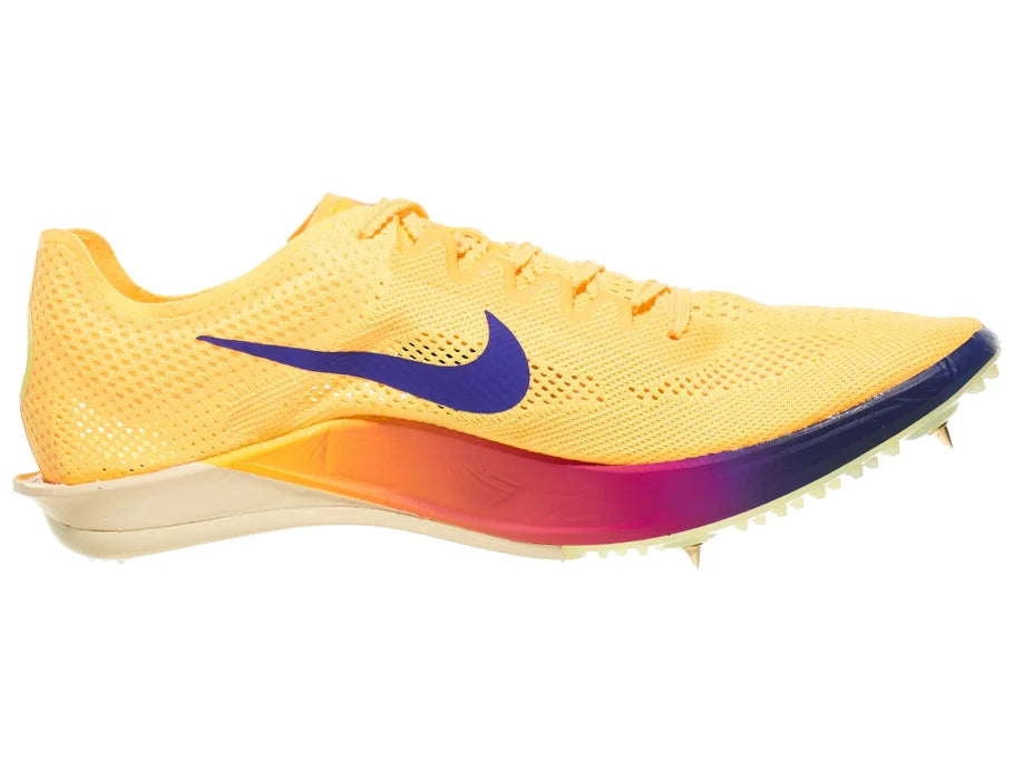 Nike ZoomX Dragonfly 2. Yellow upper. Pink midsole. Medial view.