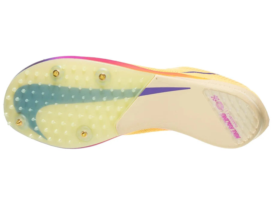 Nike ZoomX Dragonfly 2. Yellow upper. Pink midsole. Bottom view.