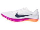 Nike ZoomX Dragonfly. White upper. Purple midsole. Lateral view.