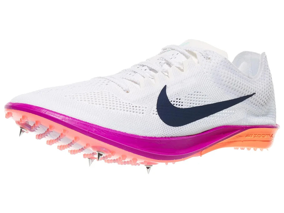 Nike ZoomX Dragonfly. White upper. Purple midsole. Lateral view.