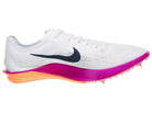 Nike ZoomX Dragonfly. White upper. Purple midsole. Medial view.