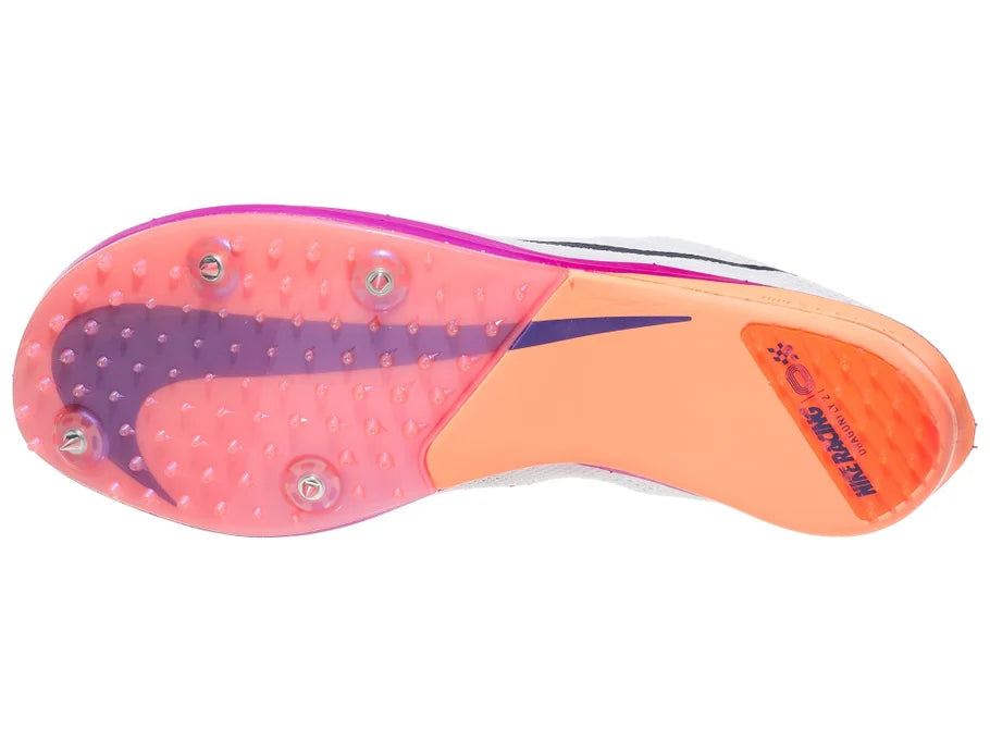 Nike ZoomX Dragonfly. White upper. Purple midsole. Bottom view.