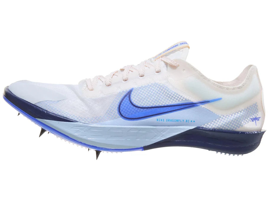 Nike ZoomX Dragonfly XC 2. White upper. Blue midsole. Lateral view.