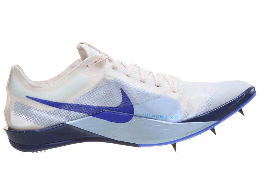 Nike ZoomX Dragonfly XC 2. White upper. Blue midsole. Medial view.