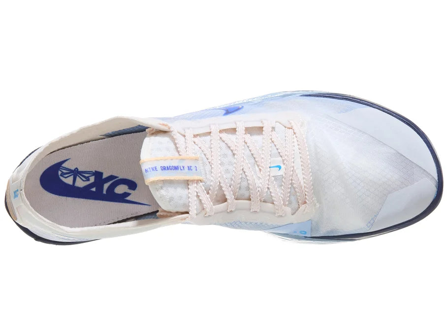 Nike ZoomX Dragonfly XC 2. White upper. Blue midsole. Top view.