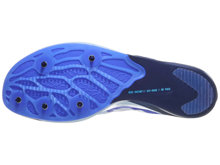Nike ZoomX Dragonfly XC 2. White upper. Blue midsole. Bottom view.