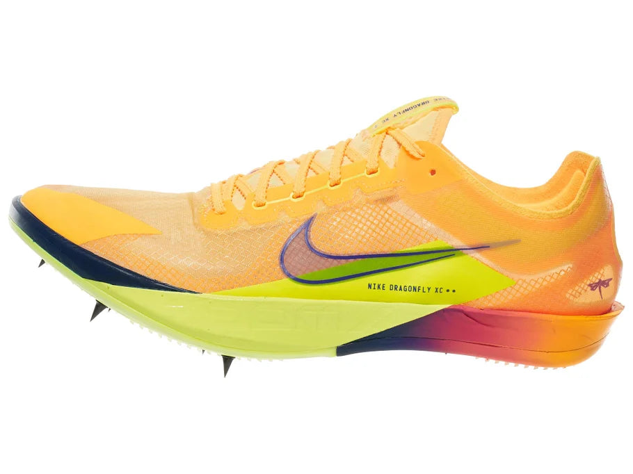 Nike ZoomX Dragonfly XC 2. Orange upper. Yellow midsole. Lateral view.