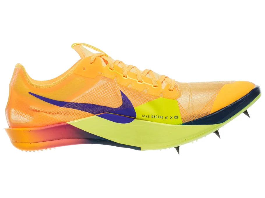 Nike ZoomX Dragonfly XC 2. Orange upper. Yellow midsole. Medial view.