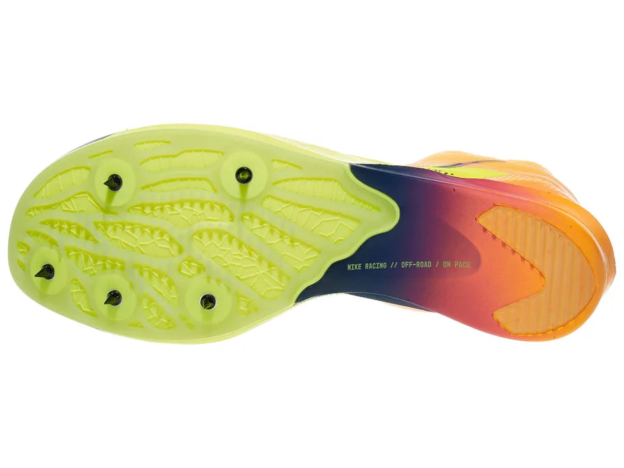 Nike ZoomX Dragonfly XC 2. Orange upper. Yellow midsole. Bottom view.