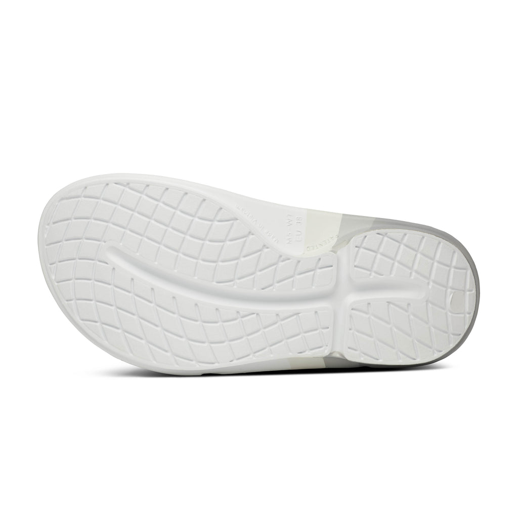 Unisex Oofos Ooahh Sport Flex Sandal. White and grey. Bottom view.