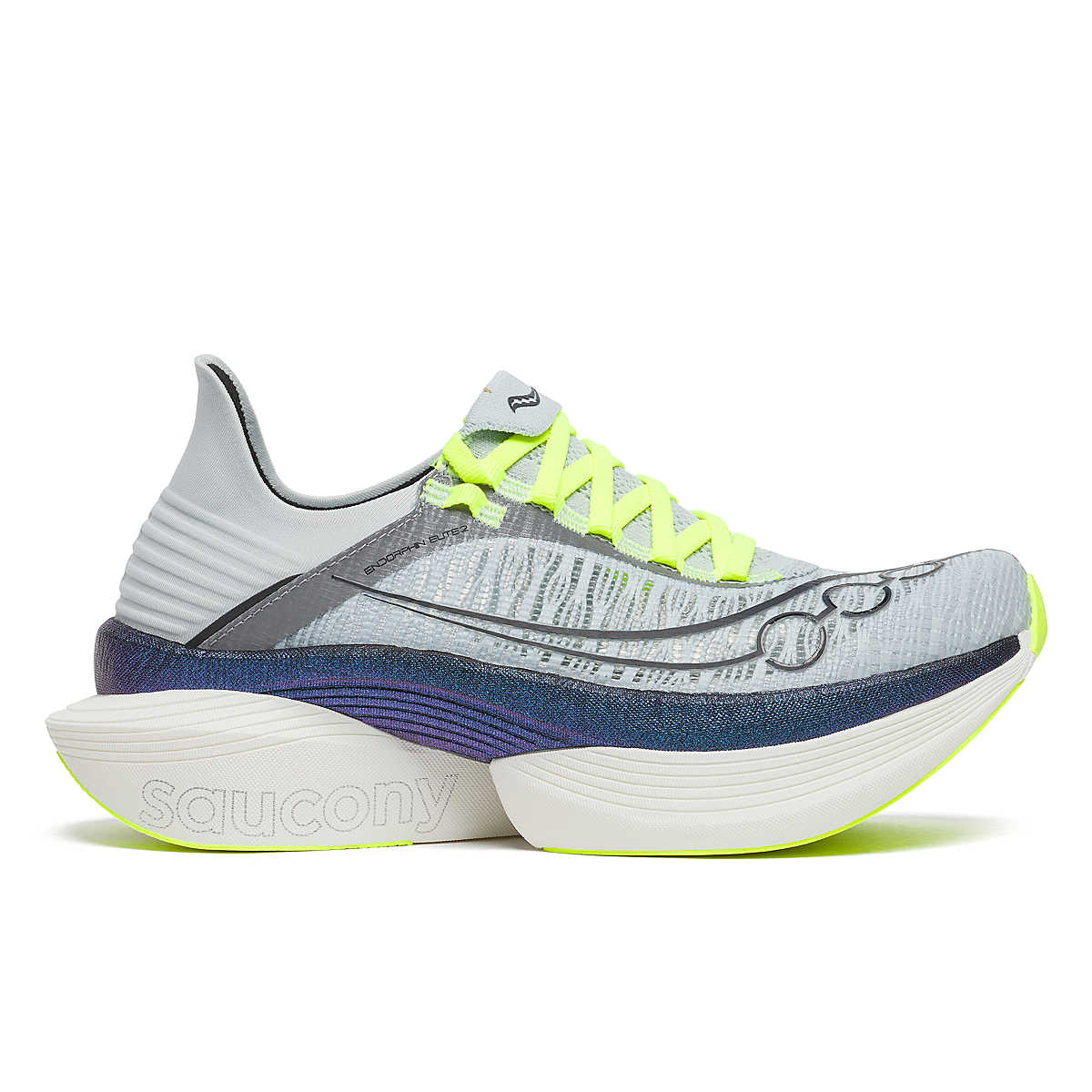 Unisex Saucony Endorphin Elite 2. Grey upper. Blue and white midsole. Lateral view. 