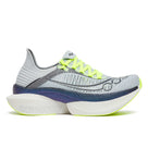 Unisex Saucony Endorphin Elite 2. Grey upper. Blue and white midsole. Lateral view. 