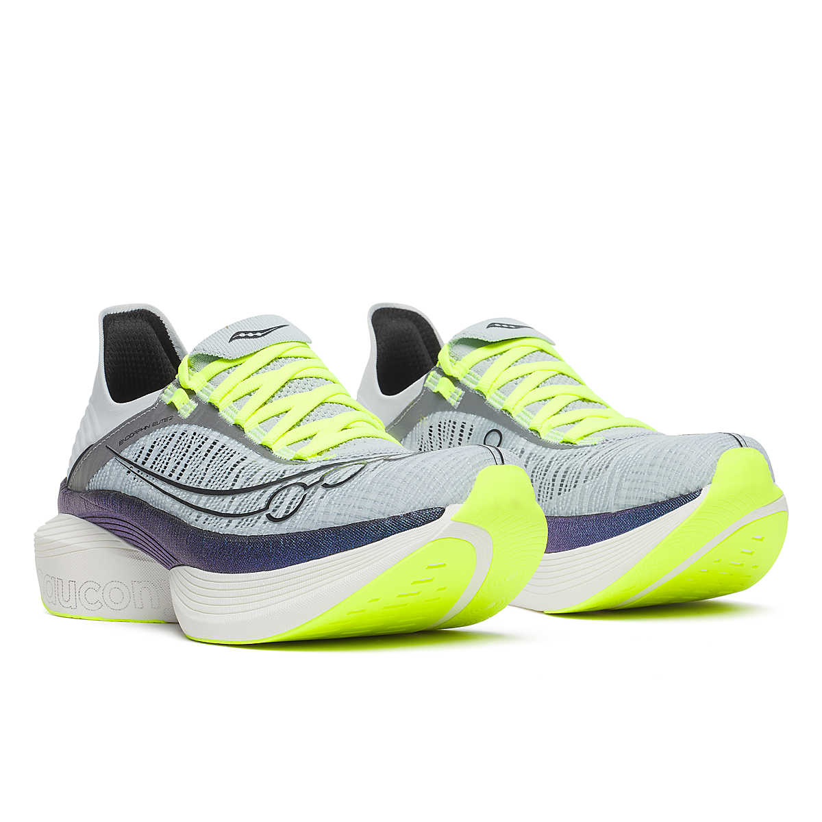 Unisex Saucony Endorphin Elite 2. Grey upper. Blue and white midsole. Lateral view. 