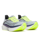 Unisex Saucony Endorphin Elite 2. Grey upper. Blue and white midsole. Lateral view. 