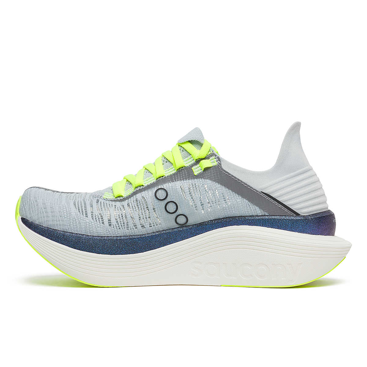 Unisex Saucony Endorphin Elite 2. Grey upper. Blue and white midsole. Medial view. 