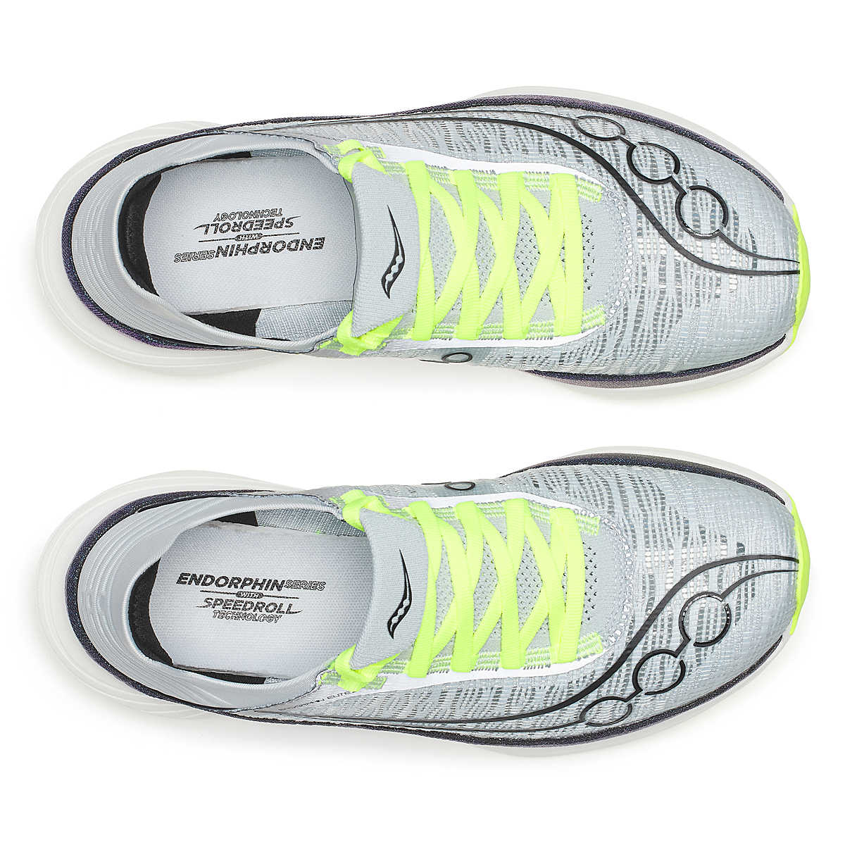 Unisex Saucony Endorphin Elite 2. Grey upper. Blue and white midsole. Top view. 