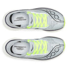 Unisex Saucony Endorphin Elite 2. Grey upper. Blue and white midsole. Top view. 