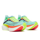 Unisex Saucony Endorphin Elite 2. Light blue upper. Rainbow and white midsole. Lateral view.