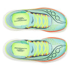 Unisex Saucony Endorphin Elite 2. Light blue upper. Rainbow and white midsole. Top view.