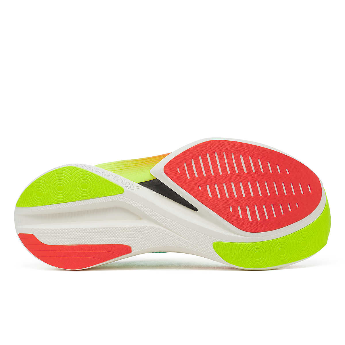 Unisex Saucony Endorphin Elite 2. Light blue upper. Rainbow and white midsole. Bottom view.