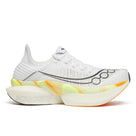 Unisex Saucony Endorphin Elite 2. White upper. White/Yellow midsole. Lateral view.
