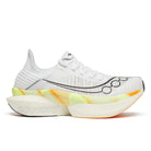 Unisex Saucony Endorphin Elite 2. White upper. White/Yellow midsole. Lateral view.