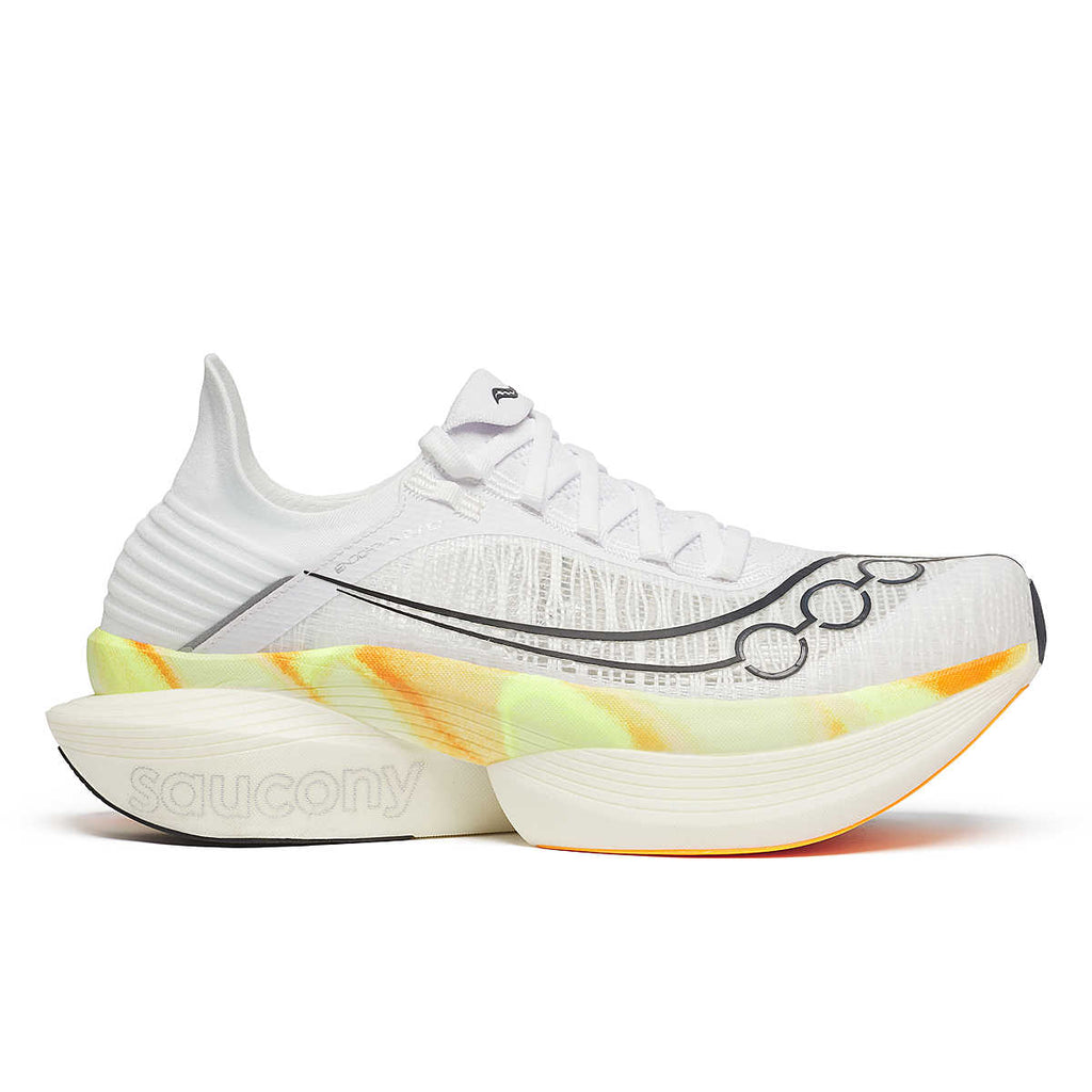 Unisex Saucony Endorphin Elite 2. White upper. White/Yellow midsole. Lateral view.