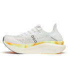 Unisex Saucony Endorphin Elite 2. White upper. White/Yellow midsole. Medial view.