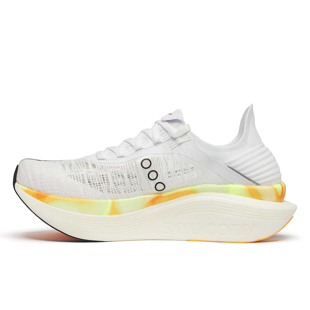 Unisex Saucony Endorphin Elite 2. White upper. White/Yellow midsole. Medial view.