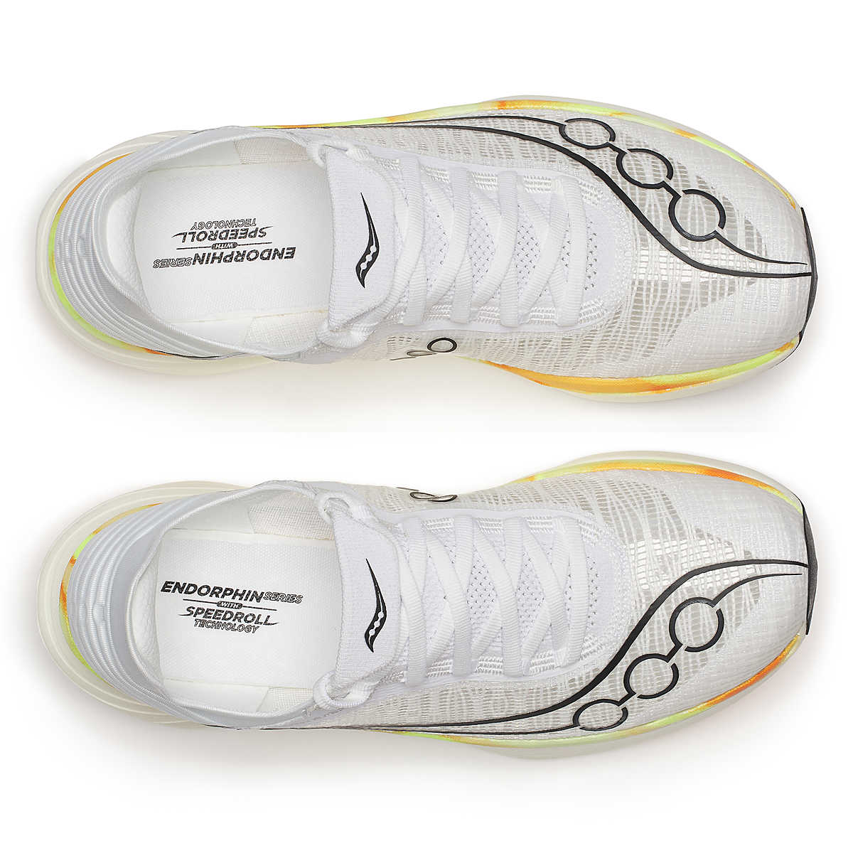 Unisex Saucony Endorphin Elite 2. White upper. White/Yellow midsole. Top view.