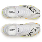 Unisex Saucony Endorphin Elite 2. White upper. White/Yellow midsole. Top view.