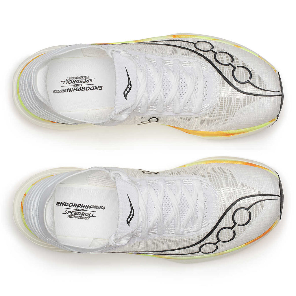 Unisex Saucony Endorphin Elite 2. White upper. White/Yellow midsole. Top view.