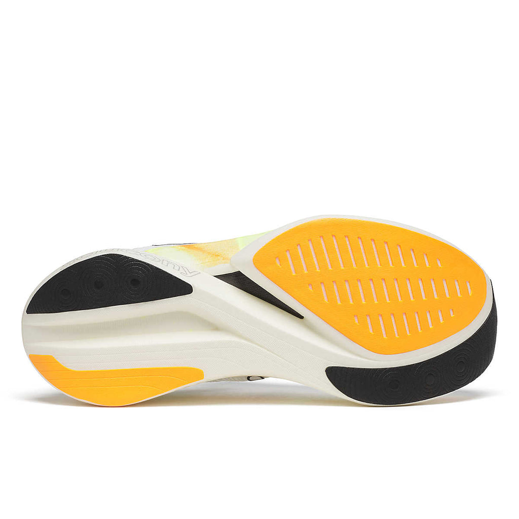 Unisex Saucony Endorphin Elite 2. White upper. White/Yellow midsole. Bottom view.
