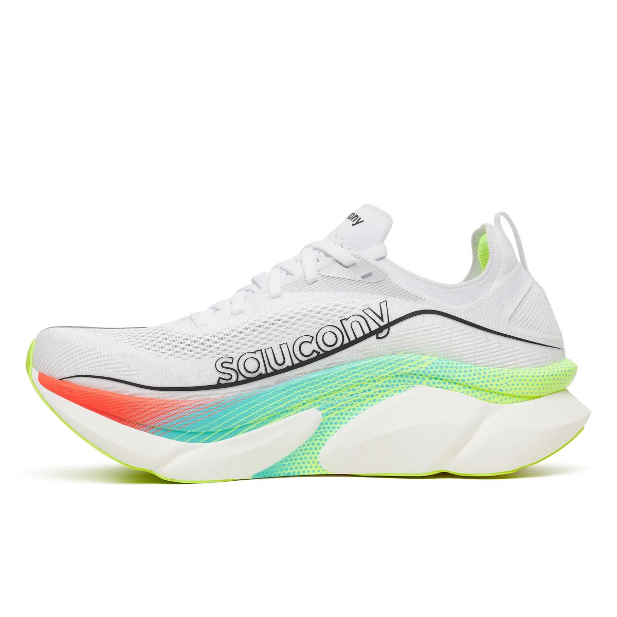 Saucony Endorphin Elite 3. White upper. White midsole. Medial view.