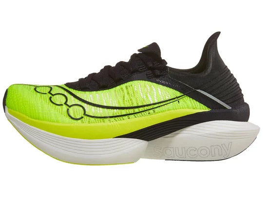 Unisex Saucony Endorphin Elite 2. Yellow/Black upper. White midsole. Lateral view.