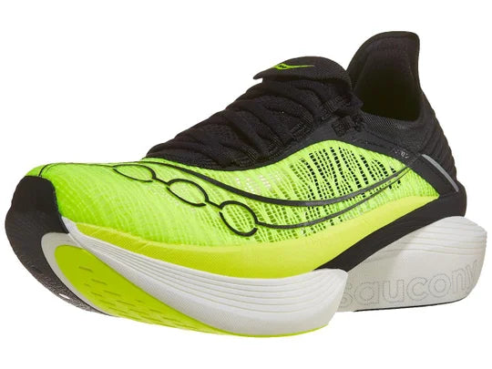 Unisex Saucony Endorphin Elite 2. Yellow/Black upper. White midsole. Lateral view.