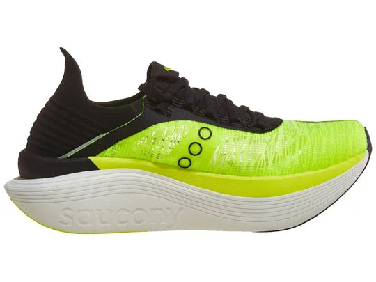 Unisex Saucony Endorphin Elite 2. Yellow/Black upper. White midsole. Medial view.