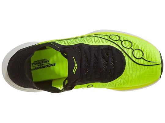 Unisex Saucony Endorphin Elite 2. Yellow/Black upper. White midsole. Top view.