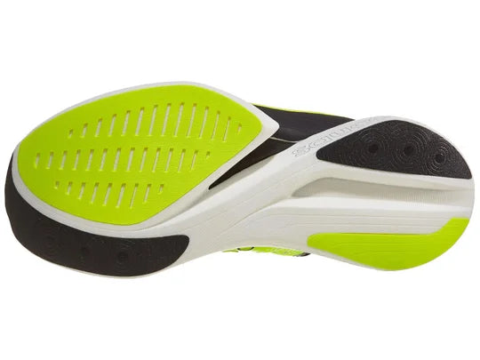 Unisex Saucony Endorphin Elite 2. Yellow/Black upper. White midsole. Bottom view.