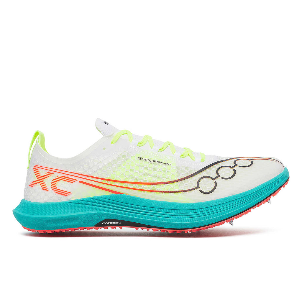Unisex Saucony Endorphin XC Spikes. White upper. Teal midsole. Lateral view.