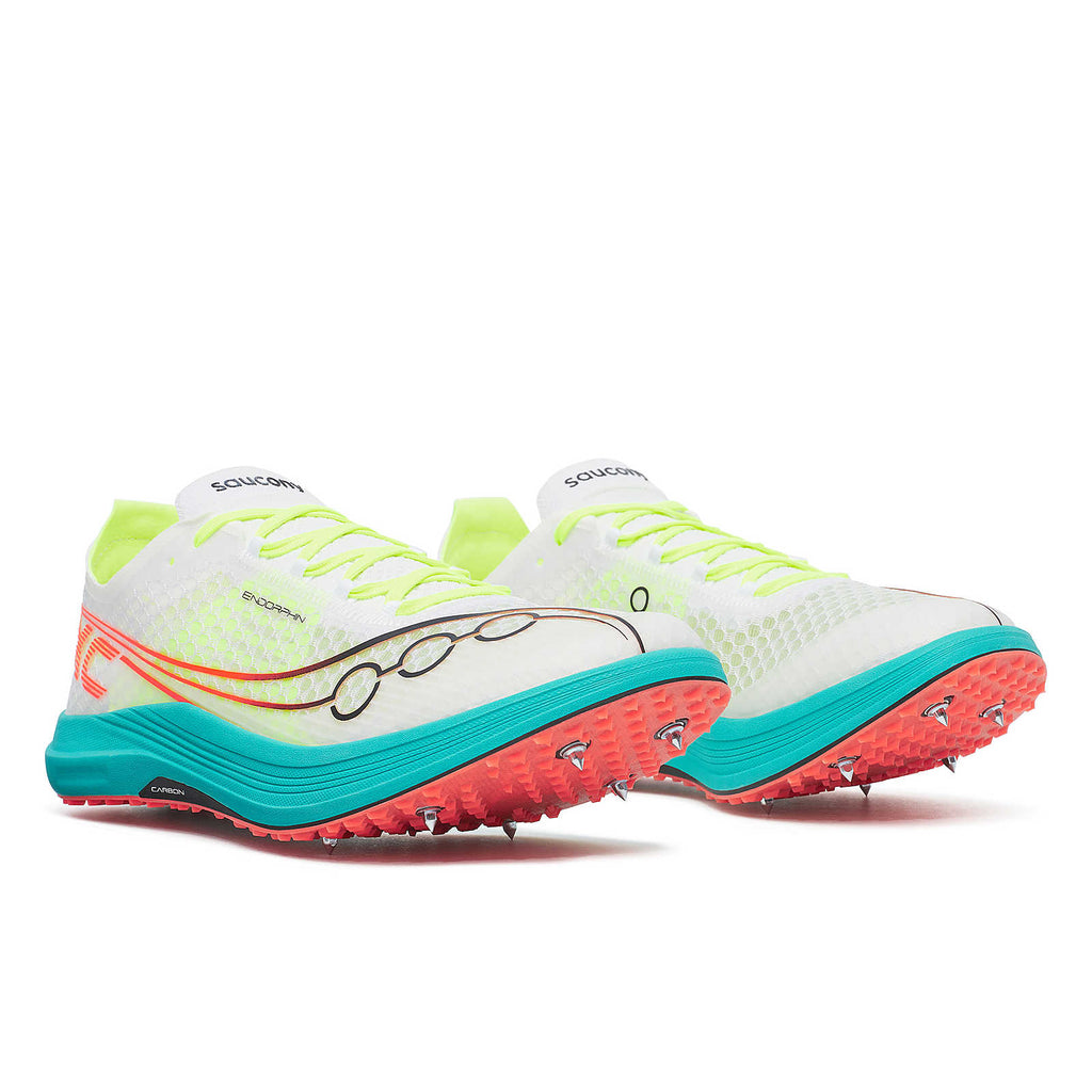 Unisex Saucony Endorphin XC Spikes. White upper. Teal midsole. Lateral view.