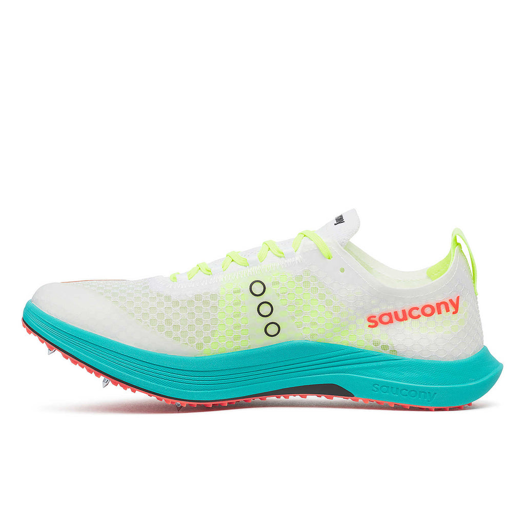 Unisex Saucony Endorphin XC Spikes. White upper. Teal midsole. Medial view.
