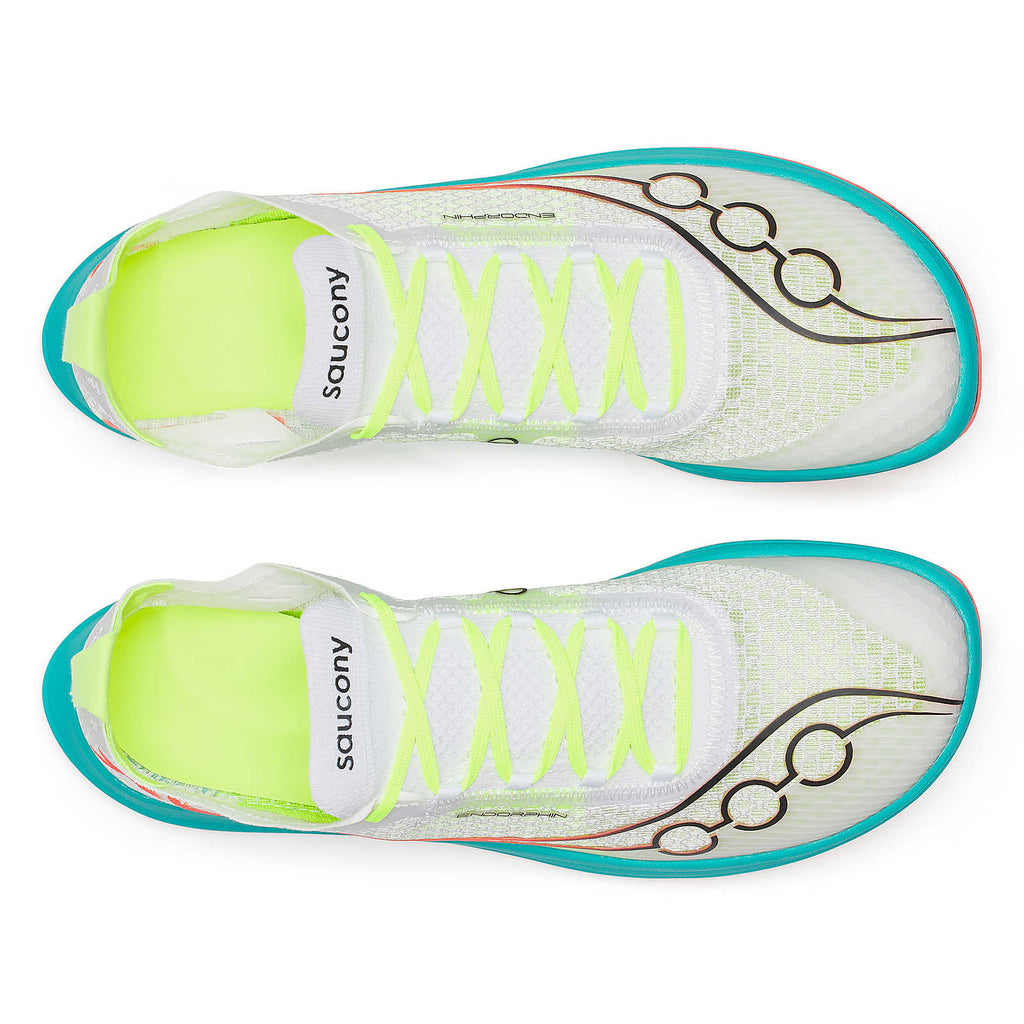 Unisex Saucony Endorphin XC Spikes. White upper. Teal midsole. Top view.