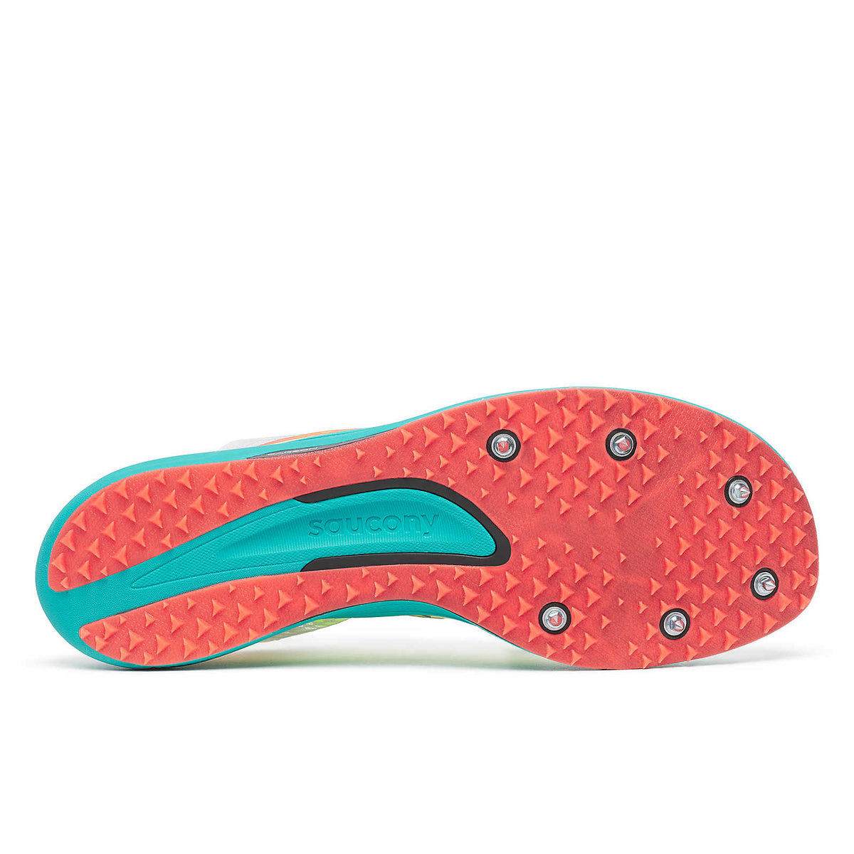 Unisex Saucony Endorphin XC Spikes. White upper. Teal midsole. Bottom view.