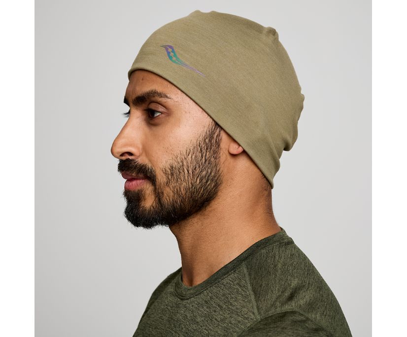 Unisex Saucony Solstice Beanie. Tan. Lateral view.