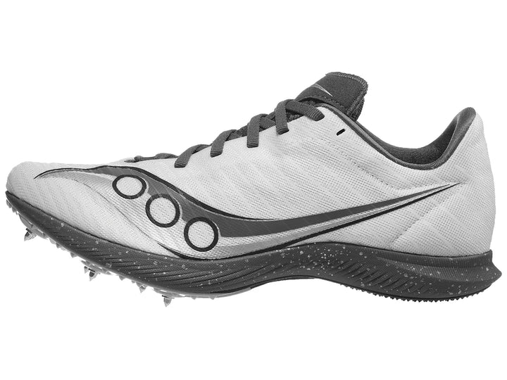 unisex saucony velocity mp. white upper. grey midsole. lateral view.